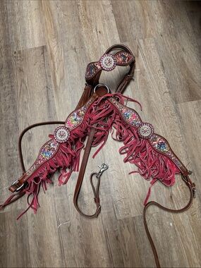 Western Fringe Dog Harness with Pink Accents and Multicolor Beading